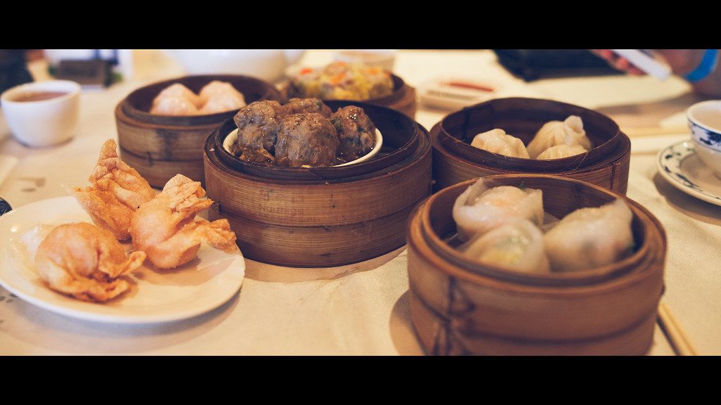 Dim sum yum cha steamer baskets on a table