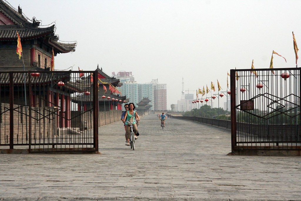 Xi'an city wall cyclist at sunset